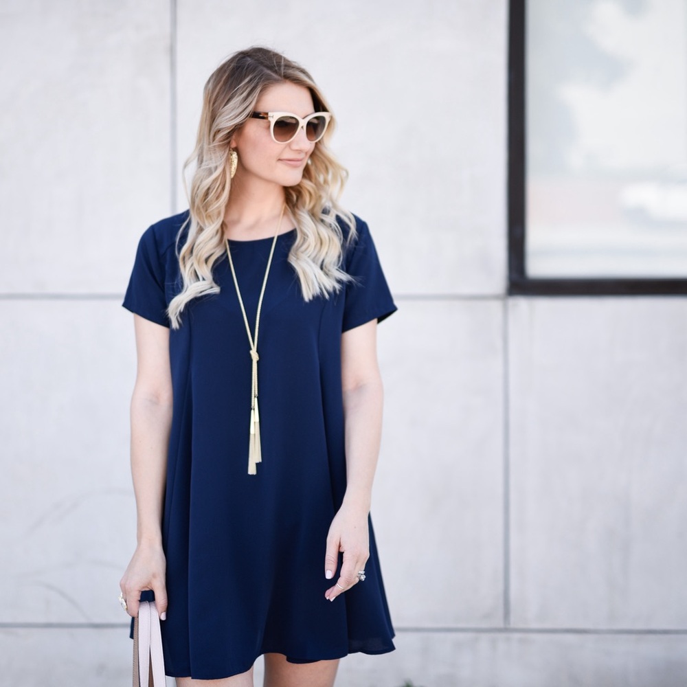 Lush Navy Short Sleeve Swing Dress
